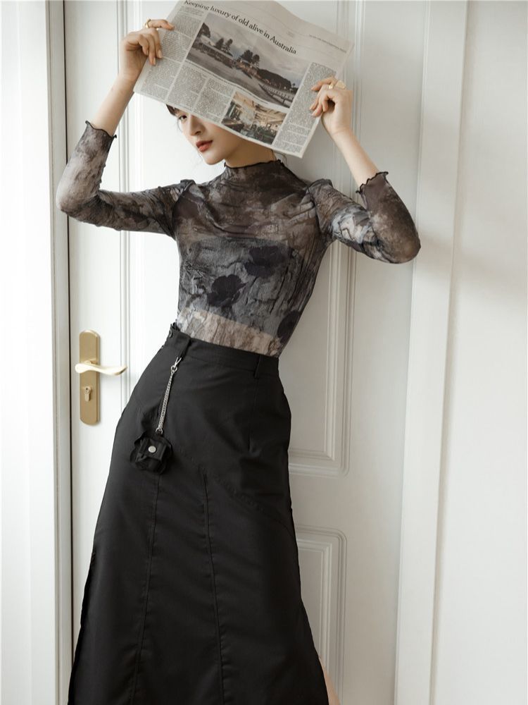 CHEERART Tulle Transparent Top Long Sleeve T Shirt Women Abstraction Print See Through Ladies Top Women Clothing 220527