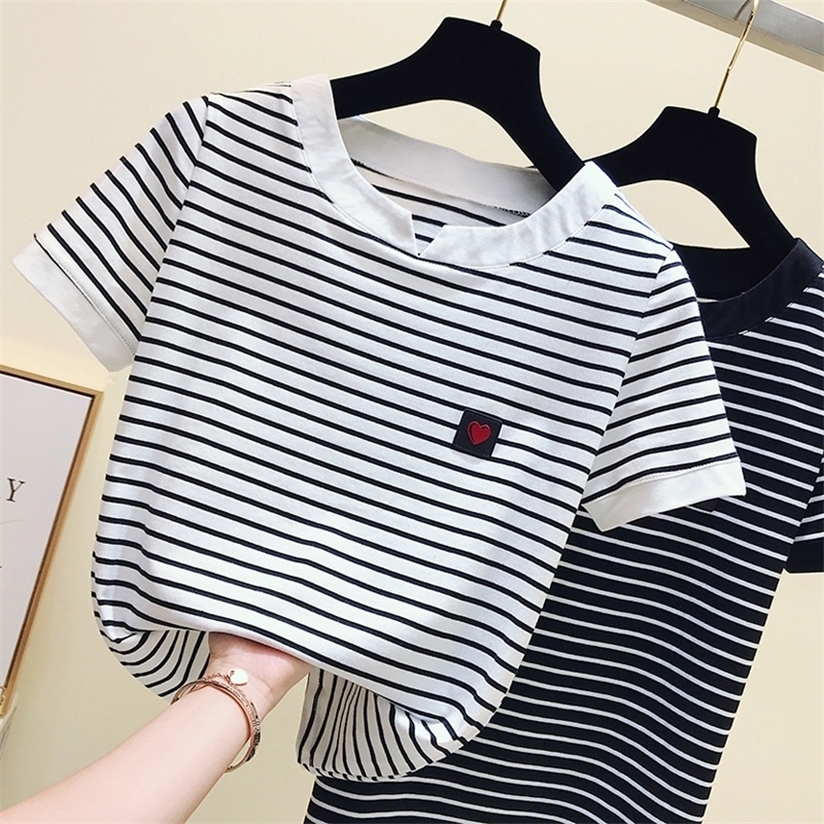 gkfnmt Poleras Mujer Tshirt Femme Stripe Female T Shirt Women Cotton Slim T-Shirt Woman Summer Camiseta Feminina Casual 220328
