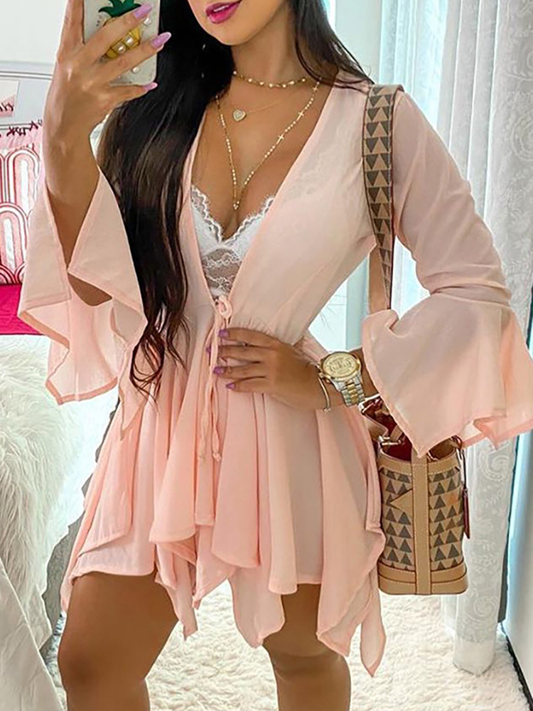Fashion Women Sexy Casual Twopiece Set Suit Sets Solid Deep V Long Sleeeve Tied Top & Shorts Set 220611
