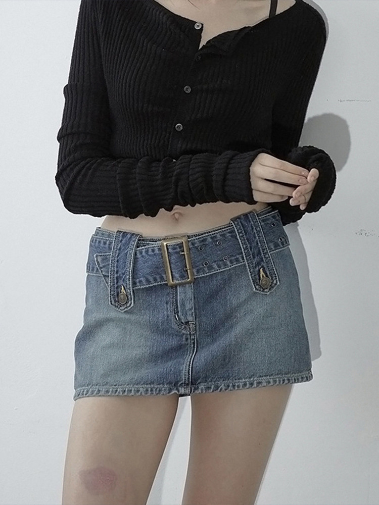 Rockmore WomenS Jeans Skirt Belt Mini Denim Skirt Korean Low Waist Straight Short Skirt Summer Harajuku Sexy Vintage 220711