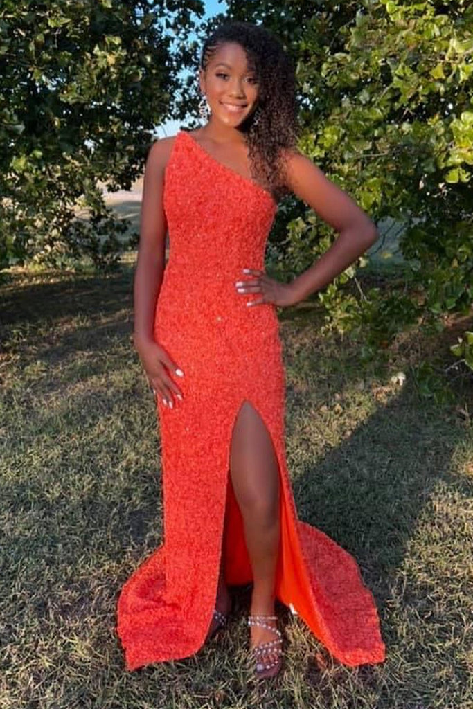 Mermaid One Shoulder Orange Sequins Evening Dresses Open Back Front Split Sweep Train Prom Gowns, Daffodil
Mermaid One Shoulder Orange Sequins Evening Dresses Open Back Front Split Sweep Train Prom Gowns, Daffodil