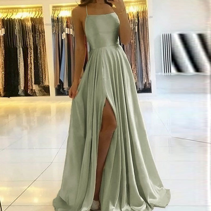 Satin Dresses Evening Dress prom party Robe De Formal Dress simple Spaghetti Sexy Slit