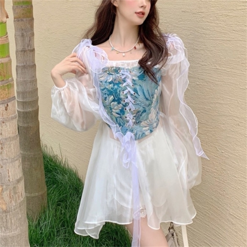 Vintage Elegant Party Floral Crop Tops Women Bandage Y2k Sexy Korean Bustiers Summer Lace Boho Beach Strap With Corset 220325