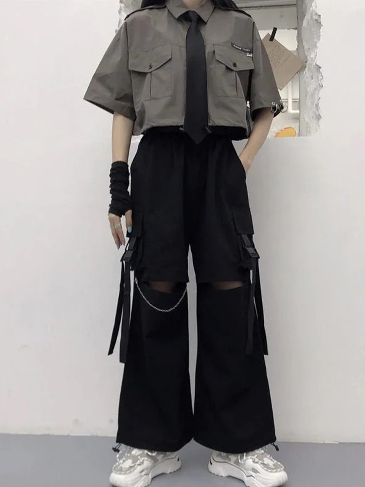 HOUZHOU Gothic Streetwear Women's Cargo Pants with Chain Punk Techwear Black Oversize Korean Fashion Wide Leg Trousers Alt 220325