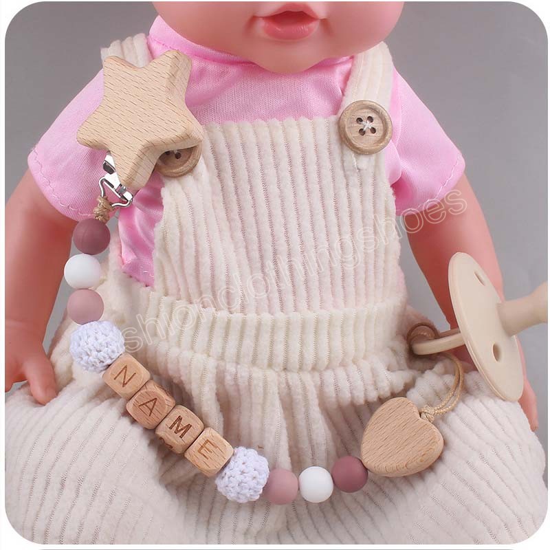 Newborn baby Silica gel Bead Pacifier Holders Beech Star Pacifier Clip Heart Teethers DIY Name Infant toddler Toys