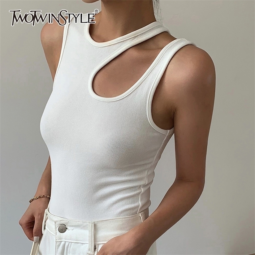 TWOWINSYLE Casual White Cut Out Women's Shirt Round Neck Sleeveless Korean Slim Shirts Female Clothing Summer Fashion 220328
