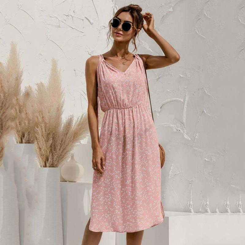 Casual Dresses Women Summer Mini Party Dress 2022 V-neck Floral Print Elastic Pullover Ladies Strappy Slit Sleeveless Halter Sundresses Vest