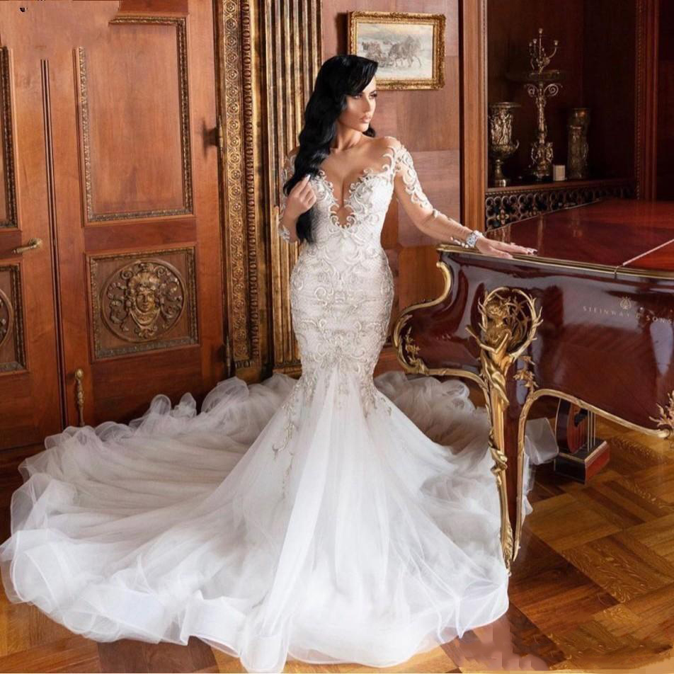 Gorgeous Long Sleeves Wedding Dresses Lace Applique Illusion Mermaid Sheer Neck Sweep Train Custom Made Wedding Gown vestido de novia Bridal Gowns