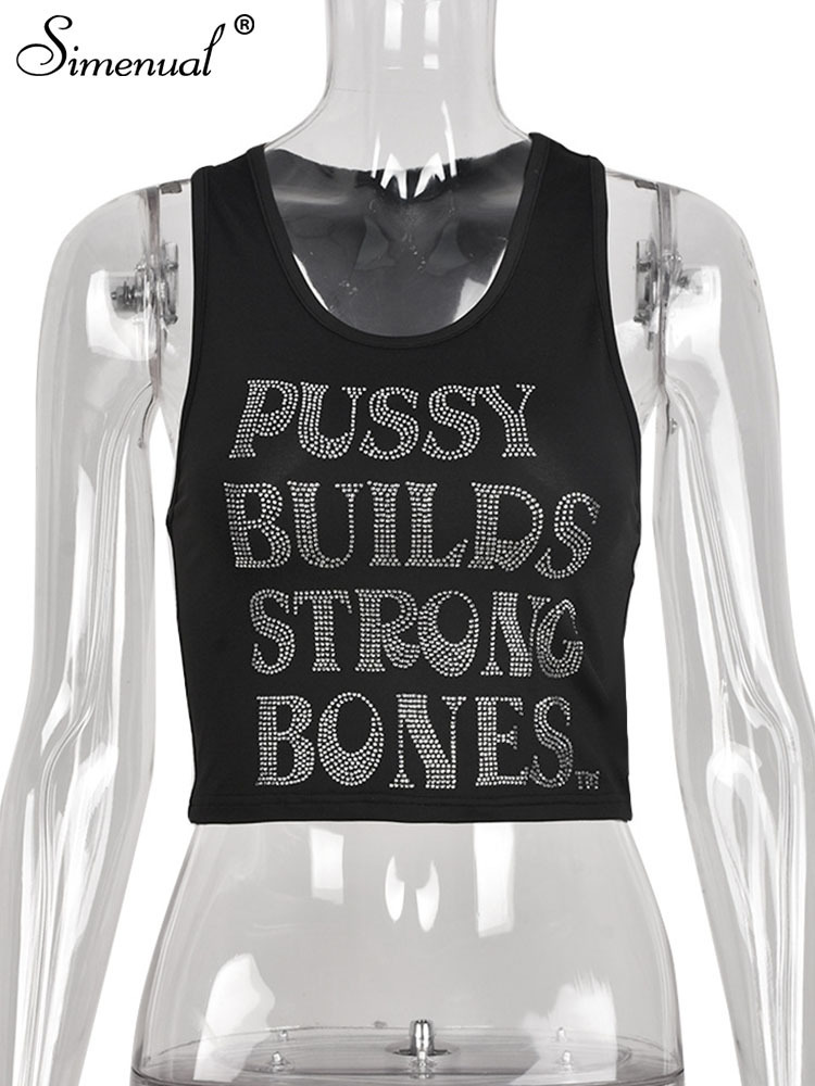 Simenual Diamonds Casual Simple T shirt Women Harajuku Skinny High Street Outwear Hipster Tank Tops Sexy Hollow Out Vest Baddie 220628
