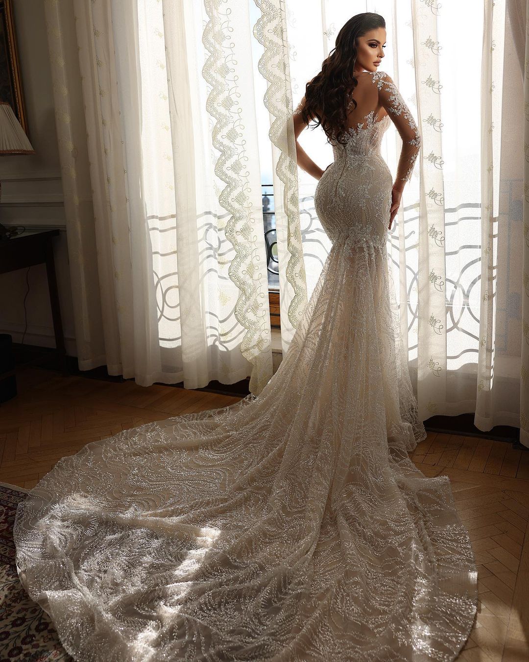 Mermaid Wedding Dress, Illusion Bodice, Long Sleeve, Backless, Lace Organza Applique, Custom Made, or-Length