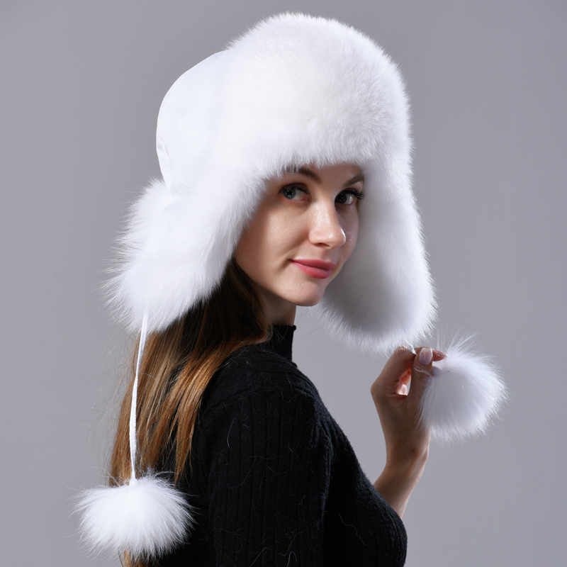 Natural Fur Russian Aviation Hat with Ears Ushanka Women Winter Warm Fluffy Stylish Female Tail Cap Fashion Real Hats 220817