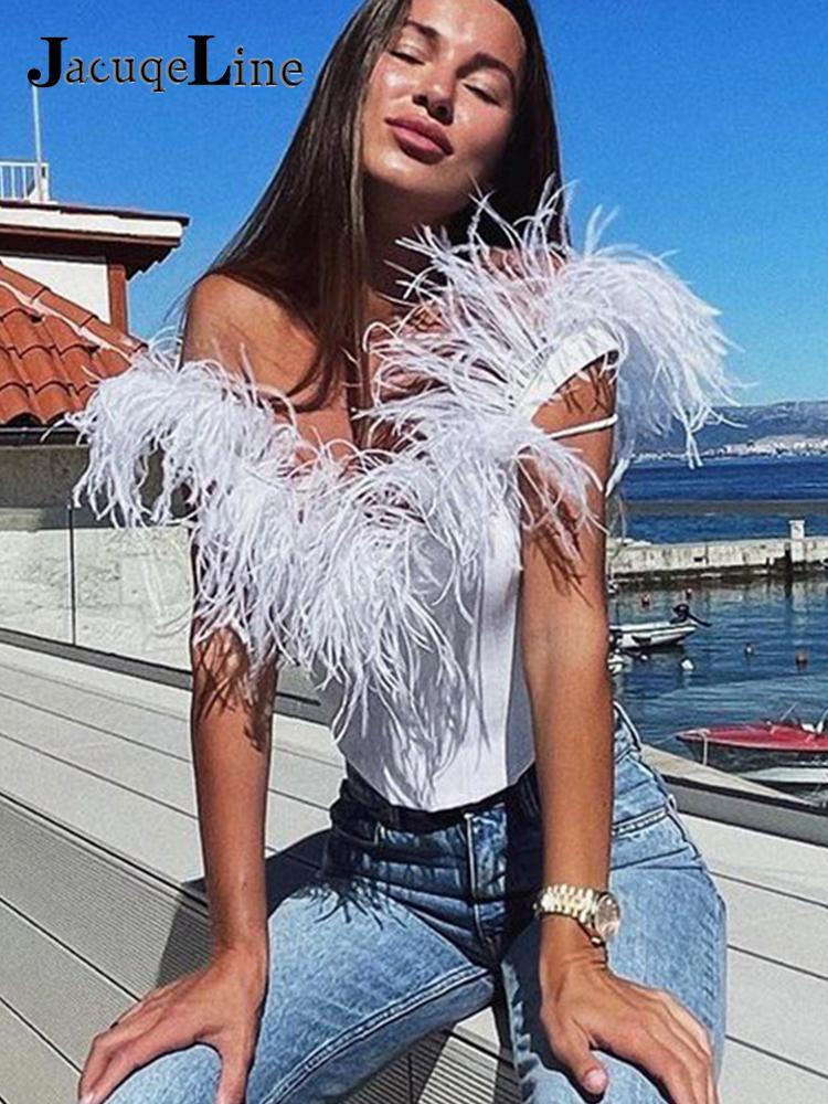 JacuqeLine Sexy Off Shoulder Y2K Feathers Corset Top Women Summer Sleeveless Elegant Lady Camis Tube Crop Club Party 220316