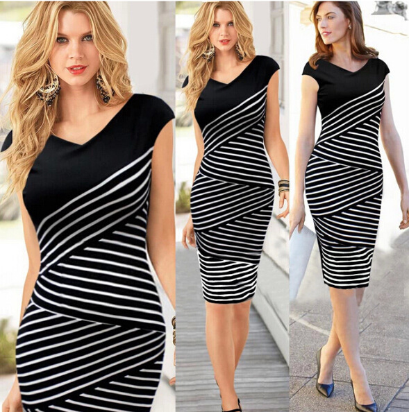 Women Summer Dresses New Black And White Stripe Dress Cultivate Pencil Vintage Plus Size Dresses Vestidos