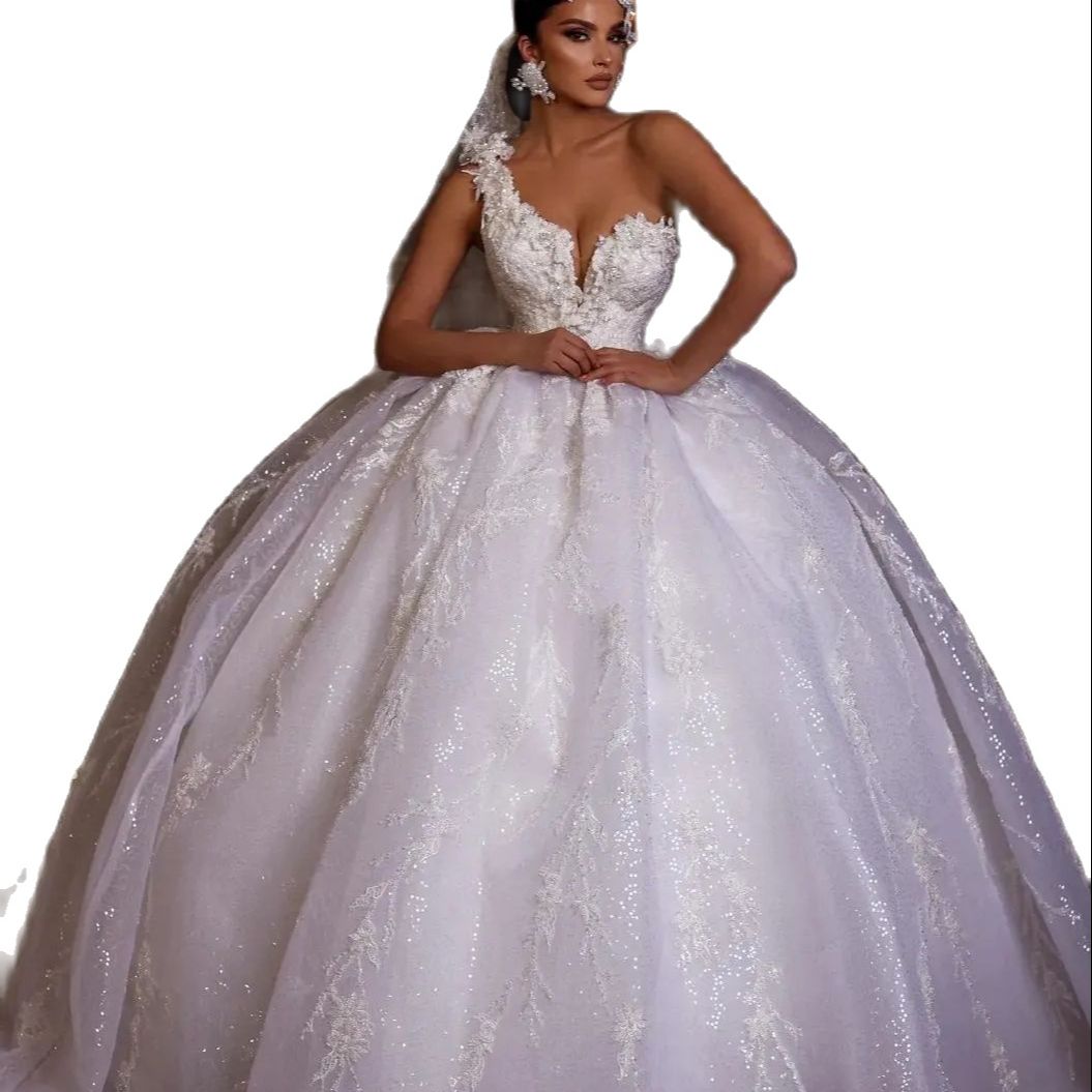 Luxury One Shoulder Short Sleeve Beading Ball Gown Wedding Dress Gorgeous Appliques Lace Court Train Princess Wedding Gowns