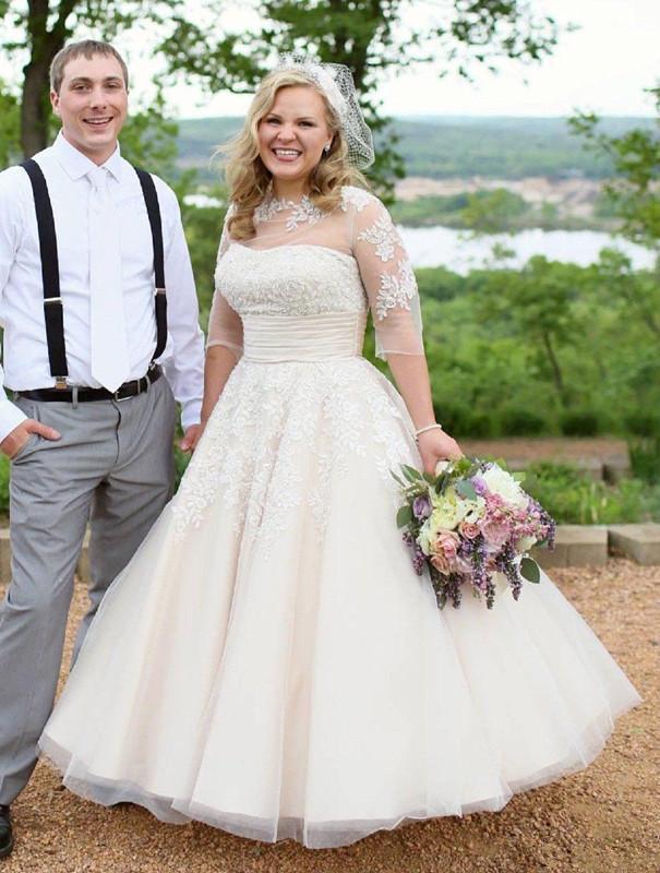 Vintage Ankle-length Wedding Dress with Half Sleeve Lace Applique Plus Size Beige Countryside Bridal Gowns Vestido De Novia Lady Marriage Dresses Aust