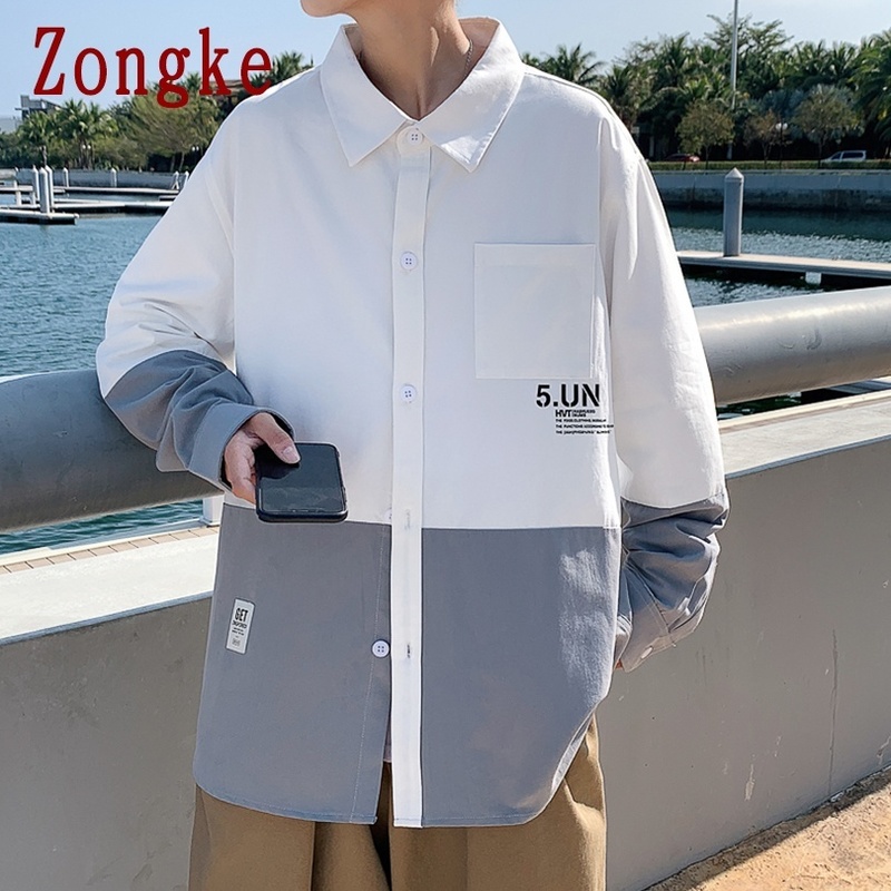 Zongke Patchwork Casual Shirts For Men Clothing Button Up Shirt Korean Fashion Clothes M-4XL Arrival 220322