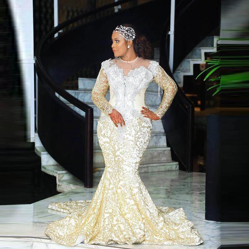 African Lace Wedding Dresses Wit long Wrap Tassels gold champagne Plus Size Bridal Dress Long Sleeve Appliques Beads Sheer Neck vestidos de novia