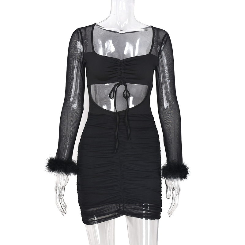 Women Hollow Out Bodycon Mini Dress Sexy Mesh Long Sleeve Pleated Slim Fit Low-cut Dresses Fall Ladies Party Costume 220406