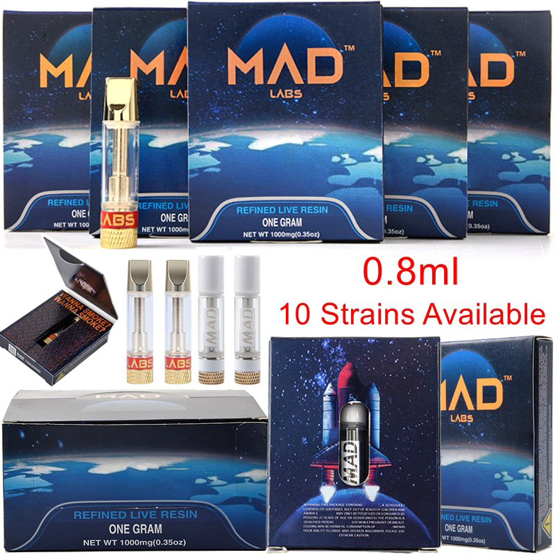 

Newest MAD LABS Vape Cartridges Packaging Atomizer 0.8ml Ceramic Coil Glass Thick 10 Strains Tank Dab Vapes Pen Wax Vaporizer Oil Empty Carts E Cigarette 510 Thread