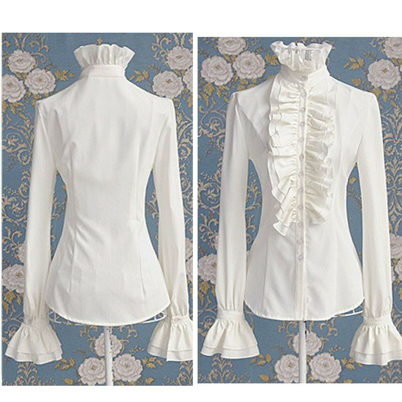 Fashion Victorian Womens Tops Ruffles Long Sleeve Frill Solid Color OL Office Shirt Frilly Cuffs High Neck Blouse Autumn 220815