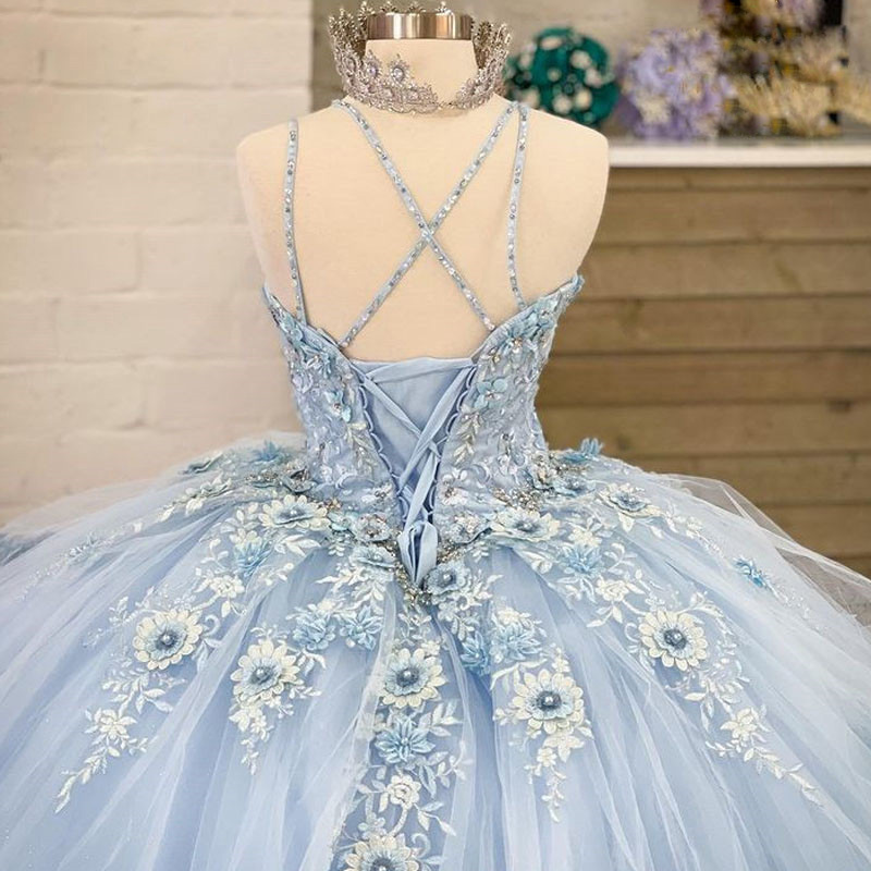 Sky Blue Quinceanera Dresses 3D Flower Sweet 15 Gowns Criss Cross Vestidos De XV Anos for Junior Ball Gowns
