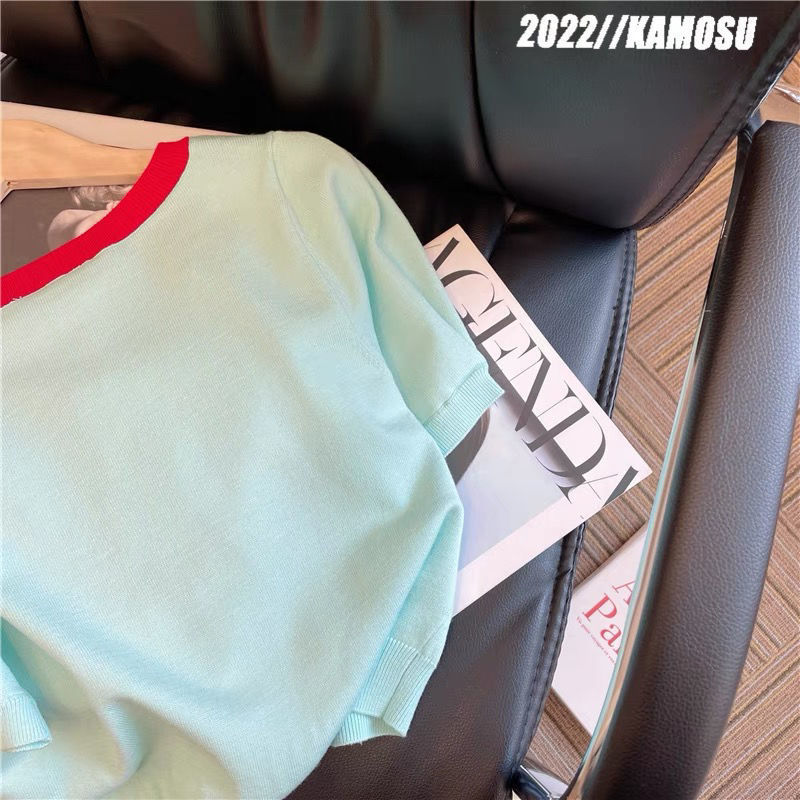 New womens square collar letter print knitted short sleeve sweater top plus size SMLXLXXL