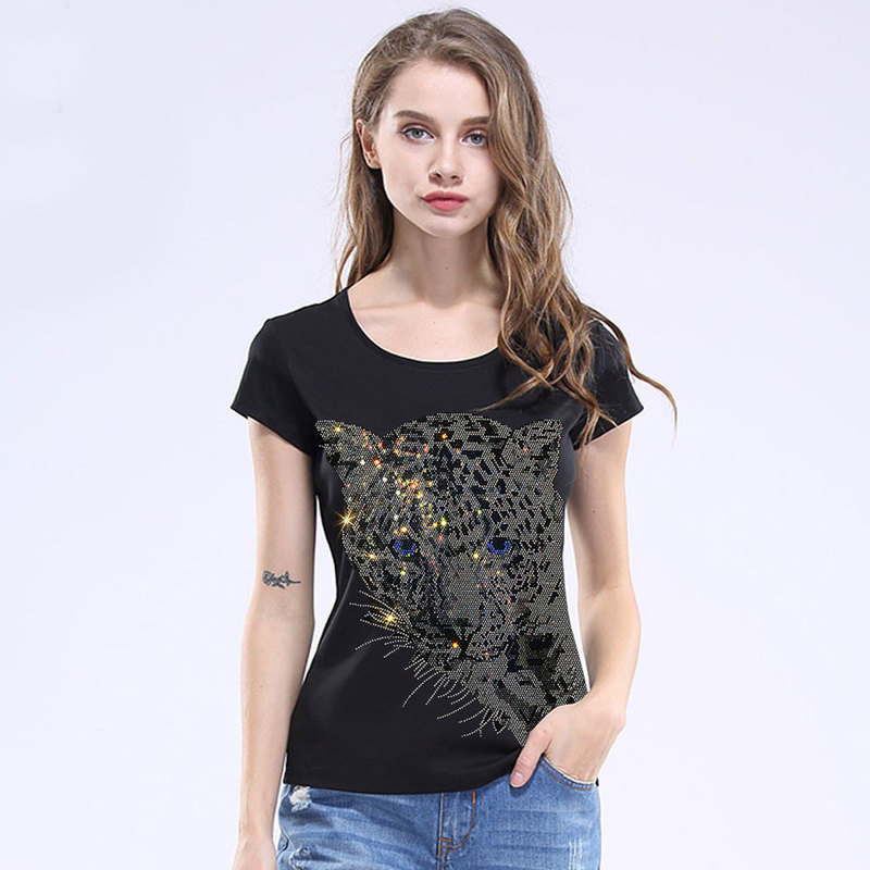 Boho Black Leopard Head Graphic Tee Cotton Short Sleeve O Neck Tshirt Fashion Diamond T-shirt Casual T shirts 220328