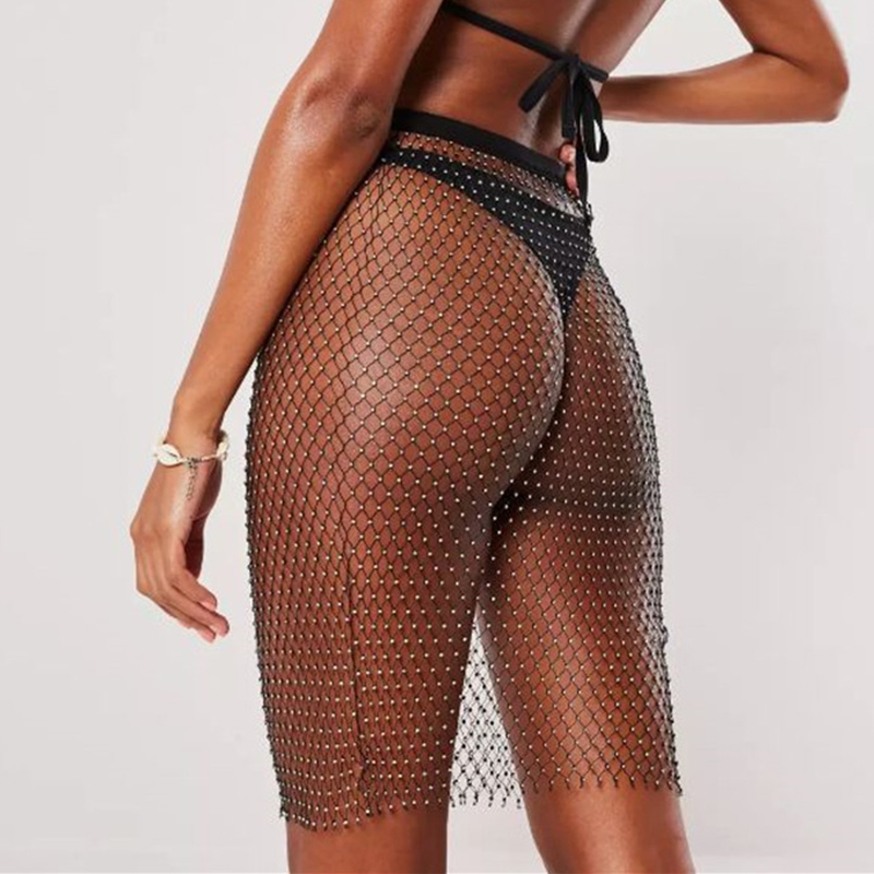 Shiny Sexy Sequin Fishnet Mini Skirt Festival Beach Elastic See Through Diamond Mesh High for Women 220322