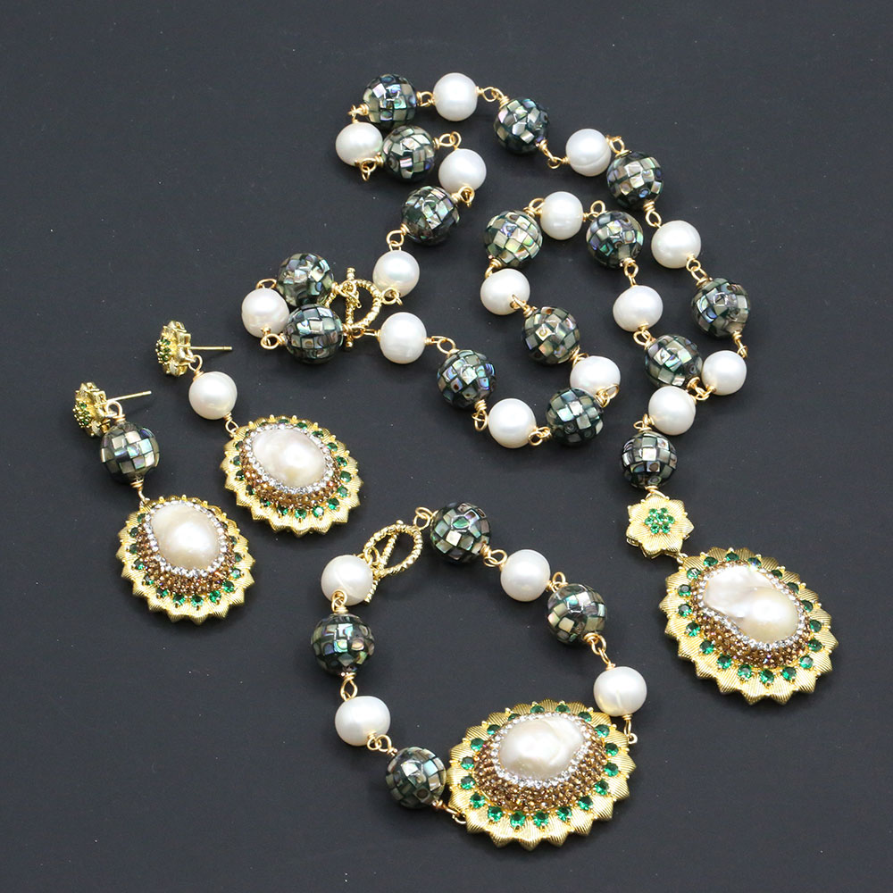 Natural Abalone shell White Pearl Oval Shape CZ Pave Bezel Set Pendant Necklace Bracelet Earrings Sets For Women, Light green 
Natural Abalone shell White Pearl Oval Shape CZ Pave Bezel Set Pendant Necklace Bracelet Earrings Sets For Women, Light green
