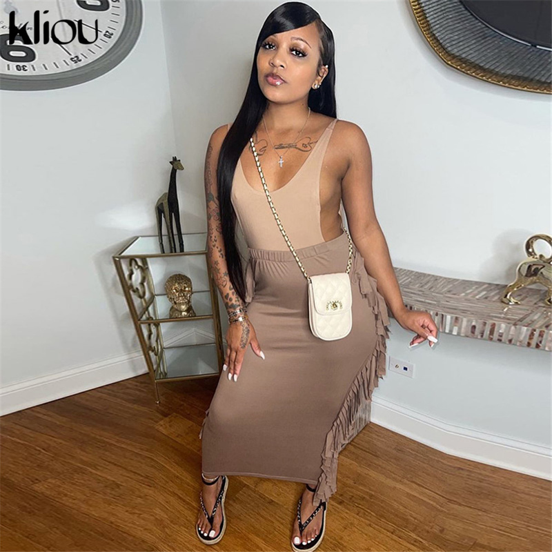 Kliou Side Tassel Women Skirt Elegant Unique Robe Straight Skinny Hight Waist Stretchy Streetwear Style Female Clothes 220317
