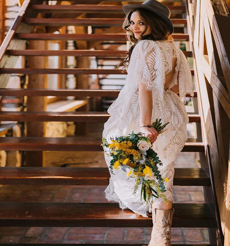 Hippie Crochet Lace Boho Wedding Dress 2022 Short Sleeve Bohemian Country Wedding Dresses Open Back Civil Beach Bride Gown Sexy Vintage Women Vestidos