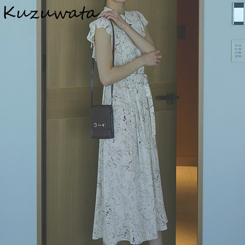 Kuzuwata O Neck Flying Short Sleeve Temperament Dress Women High Waist Hip A Line Long Slim Vestidos Summer Robe Print 220406