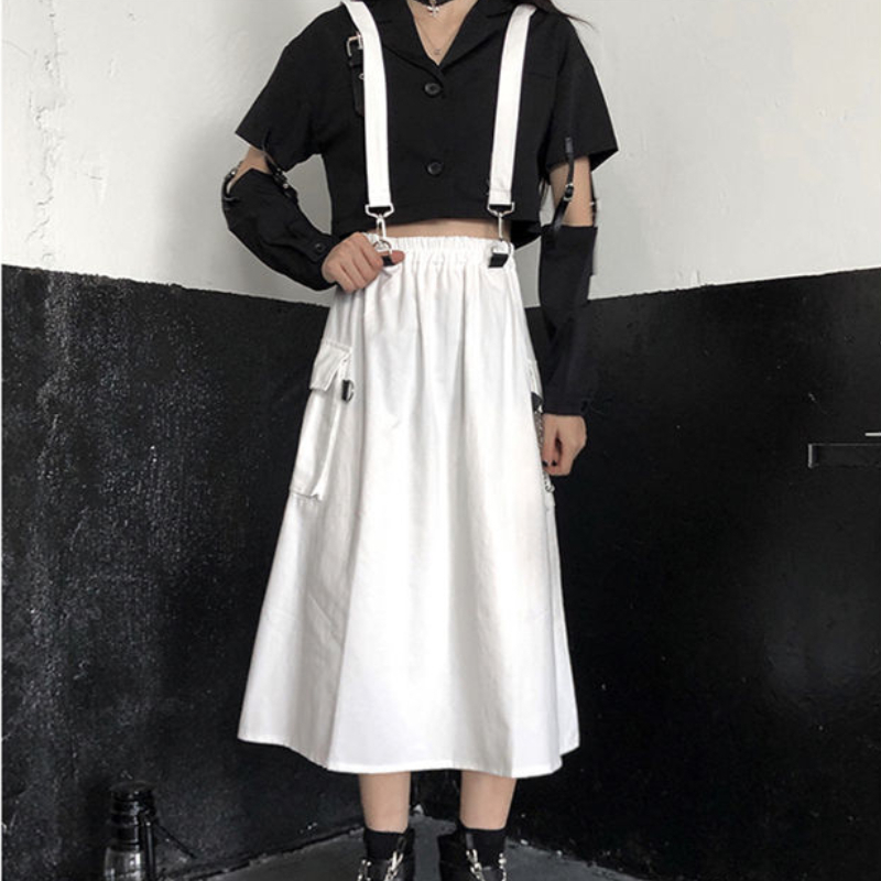 HOUZHOU Gothic Long Skirt Women Mall Goth Punk Chain Pocket Loose Strap Black High Waist Midi Grunge Harajuku Streetwear 220322