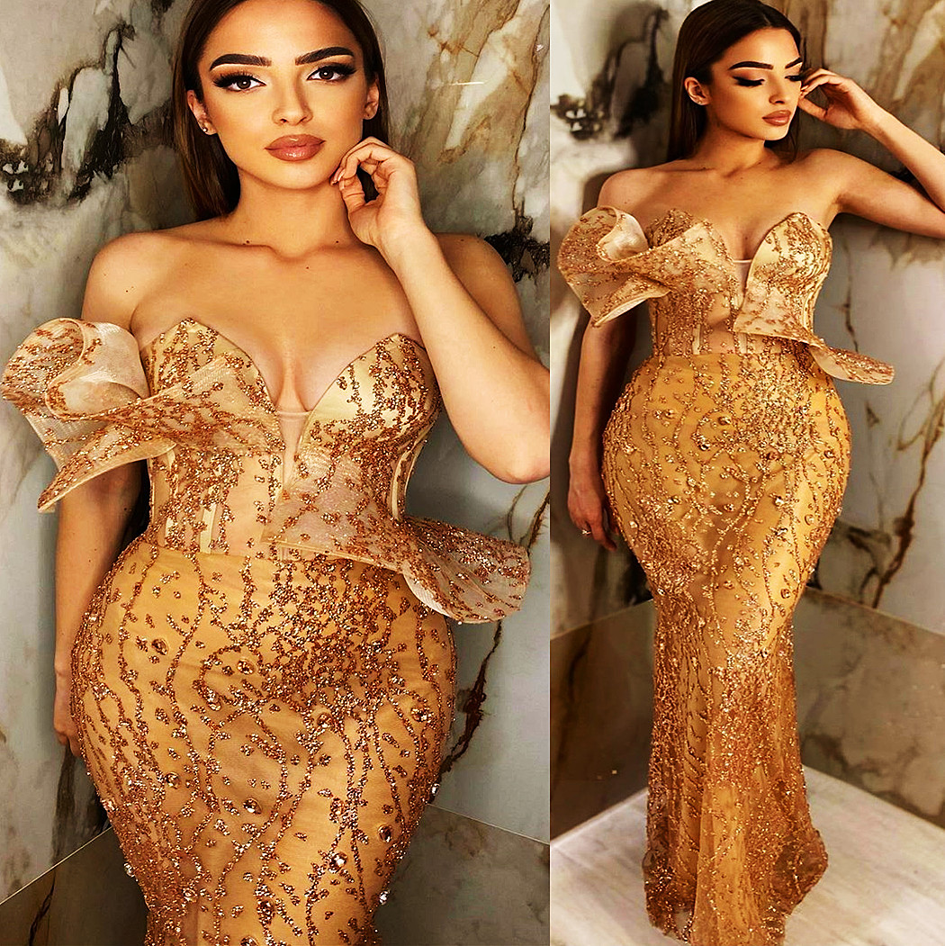 Plus Size Arabic Aso Ebi Gold Stylish Mermaid Prom Dresses Crystals Sexy Evening Formal Party Second Reception Birthday Engagement Gowns Dress ZJ Lz03