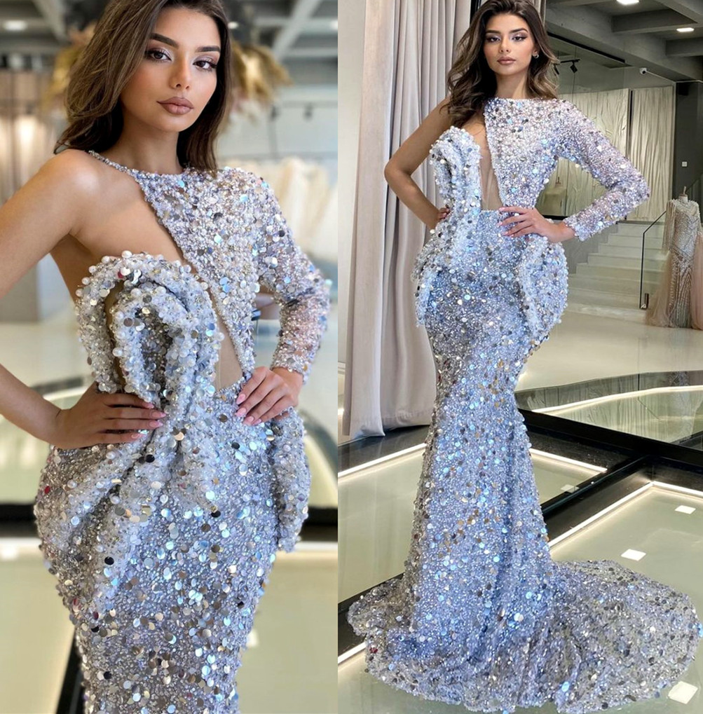 2022 Plus Size Arabic Aso Ebi Silver Mermaid Sparkly Prom Dresses Sequined Lace Evening Formal Party Second Reception Birthday Engagement Gowns Dress 