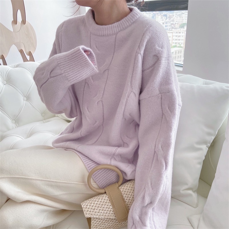 Winter Womens Clothing Sweater Korean Fashion Loose Vintage Lazy Wind Blue Crew Neck Pullover Long Sleeves Knitting Tops W220817
