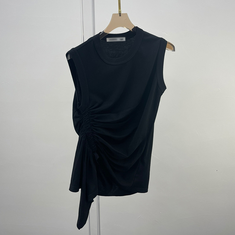 TWOTWINSTYLE Casual White T Shirt For Women O Neck Sleeveless Ruched Irregular Slim T Shirts Females Summer Fashion Stylish 220408