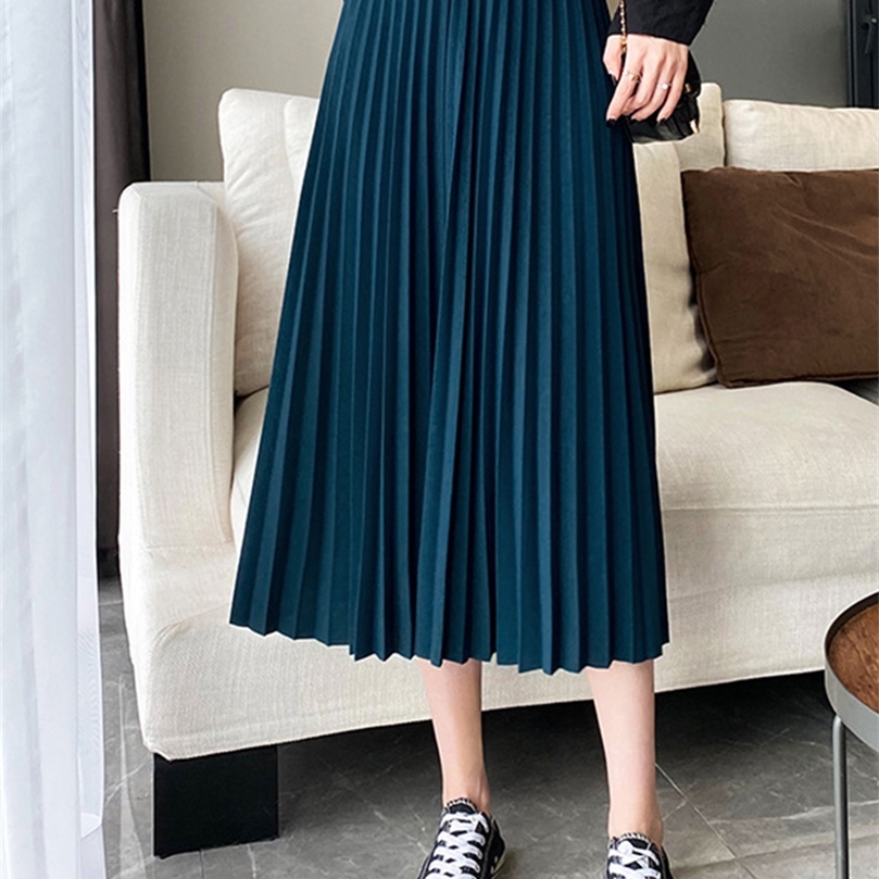 TIGENA Elegant Pleated Long Skirt for Women Autumn Casual Solid All-match A Line High Waist Mid-length Female Green 220317