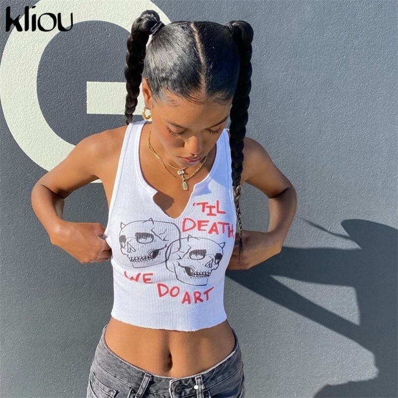 Kliou Aesthetic Graphic Cyber Y2k Streetwear Women Chic Sleeveless Activity Tank Tops Harajuku Skinny Crop Camisole 220316