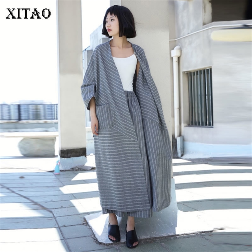 XITAO Striped Plus Size Long Trench Linen Cardigans Irregular Elegant Pocket 2019 Autumn Casual Goddess Fan Coat GCC1097 T200810