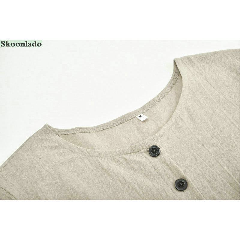 Summer Cotton Linen Midi Dress for Women Plunging Neckline Short Sleeve Long Dresses with Pocket High-Waisted Elegant Skirt