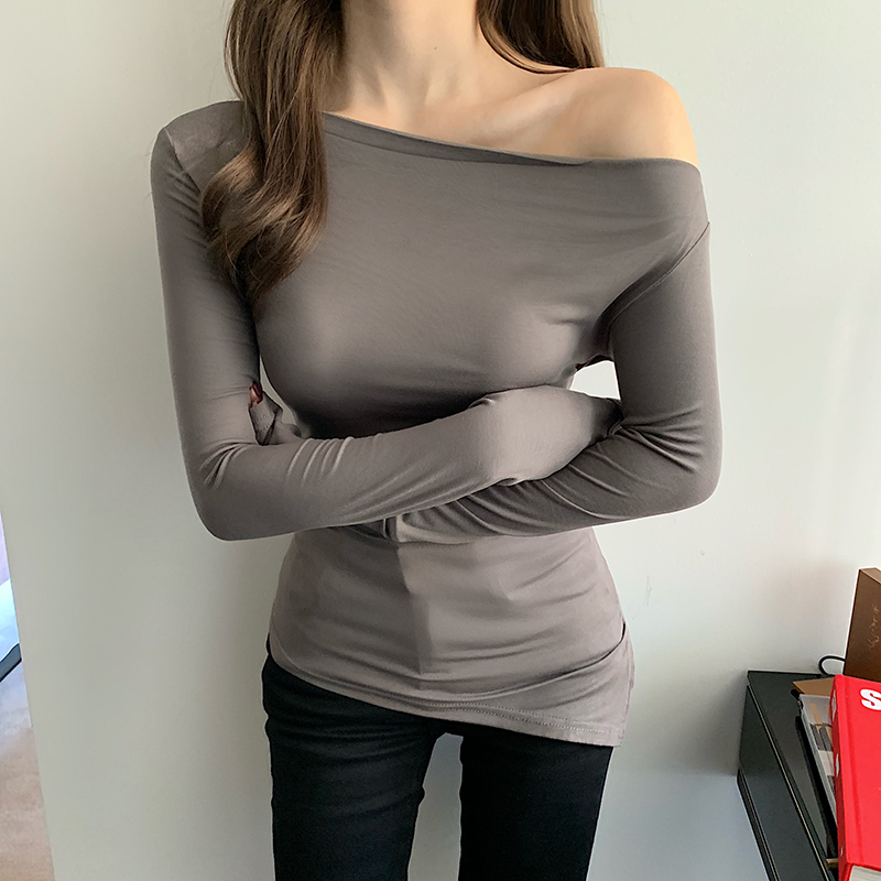 Off Shoulder Skew Collar Solid Full Sleeve T shirts Girls Sexy Chic Irregular Split Tshirts Tops For Woman Autumn 220728