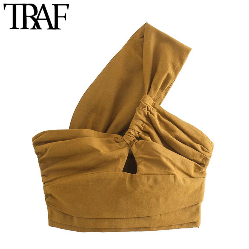 TRAF Women Sexy Fashion Pleated Asymmetry Linen Crop Tank Tops Vintage One Shoulder Side Zipper Female Camis Mujer 220325