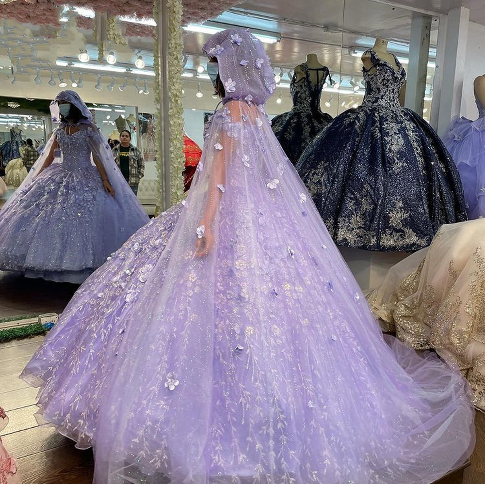 Lilac Lavender 3D Floral Quinceanera Dresses with cape Crystal Floral Lace-up corset Off Shoulder prom Party Sweet 16 Dress