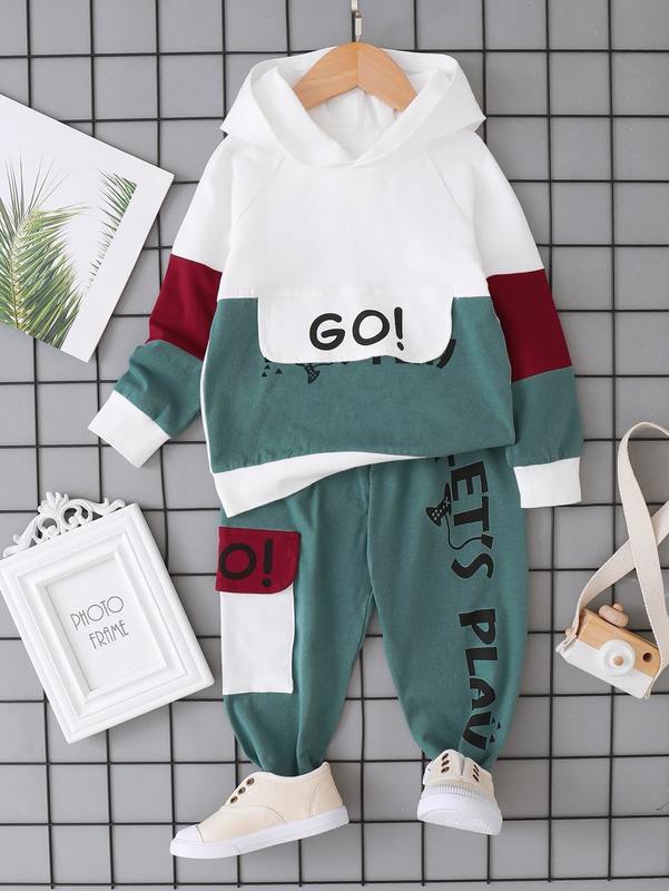 Toddler Boys Letter Graphic Colorblock Raglan Sleeve Hoodie & Sweatpants SHE