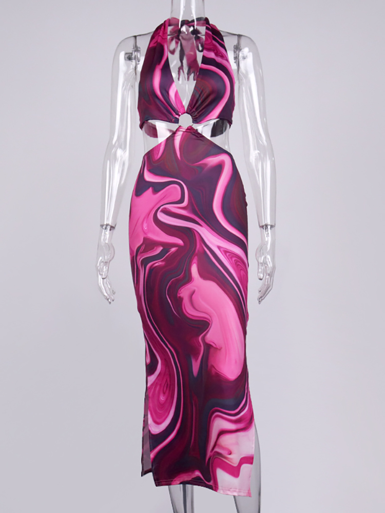 Asia Tie Dye Summer Dress Woman Lace up Hollow out Backless Split Halter Long Dress Lady Chic Sexy Beach Holiday Party Robe 220511