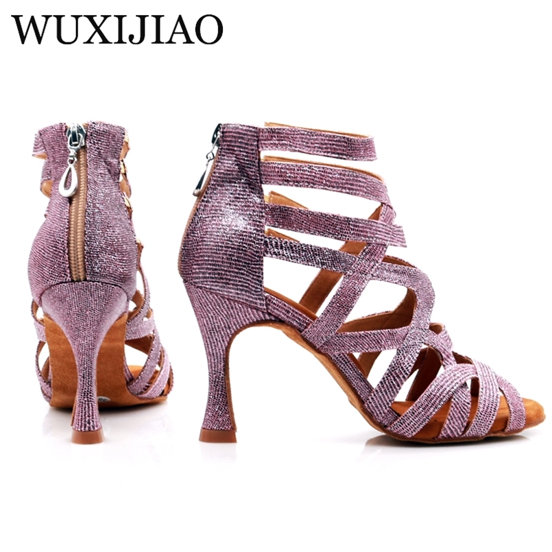 WUXIJIAO Latin Dance Shoes Green Pink Gold Glitter Fabric Salsa Women Ballroom Boots Cuba 220509