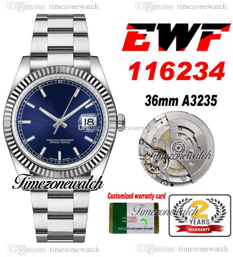 EWF 36 116234 A3235 Automatic Ladies Womens Mens Watch Fluted Bezel Blue Stick Dial OysterSteel Bracelet With Same Serial Card Super Edition Timezonewatch C3, Custom warranty card
EWF 36 116234 A3235 Automatic Ladies Womens Mens Watch Fluted Bezel Blue Stick Dial OysterSteel Bracelet With Same Serial Card Super Edition Timezonewatch C3, Custom warranty card