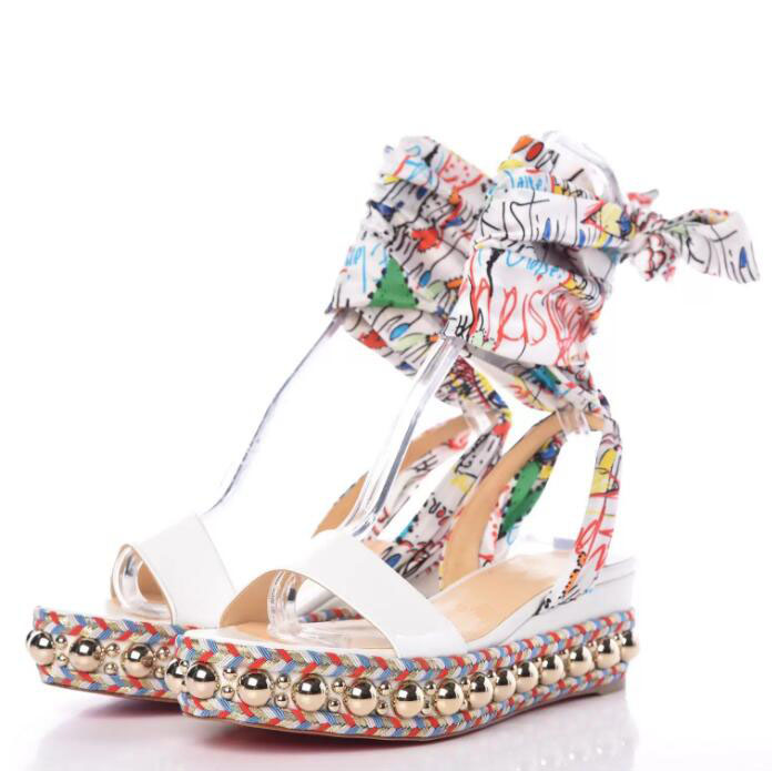 summer Women Wedge Sandal Gorgeous Red Bottomi Levantine White Patent Leather Gold Studs Graffiti Ankle Strap Gladiator Sandals
summer Women Wedge Sandal Gorgeous Red Bottomi Levantine White Patent Leather Gold Studs Graffiti Ankle Strap Gladiator Sandals