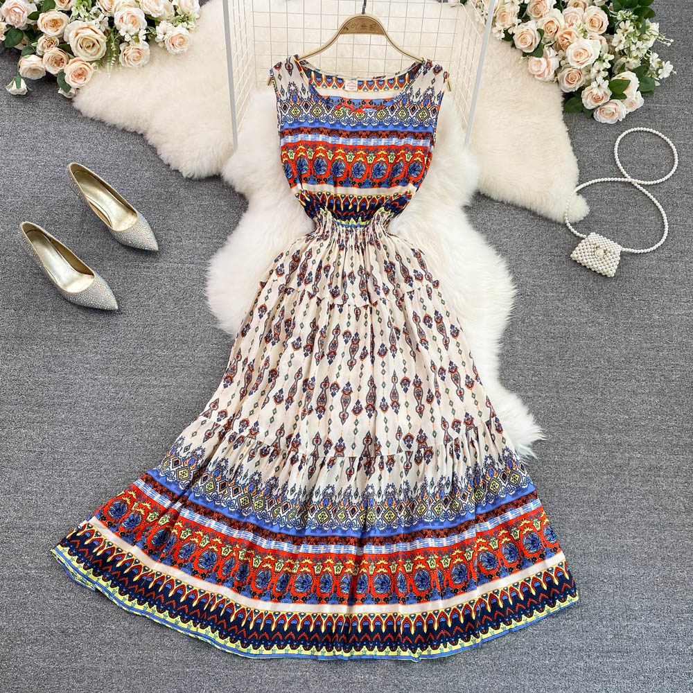 Summer new design womens beach holiday ethnic geometric floral print o-neck sleeveless cotton fabric elastic waist maxi long big expansion dress